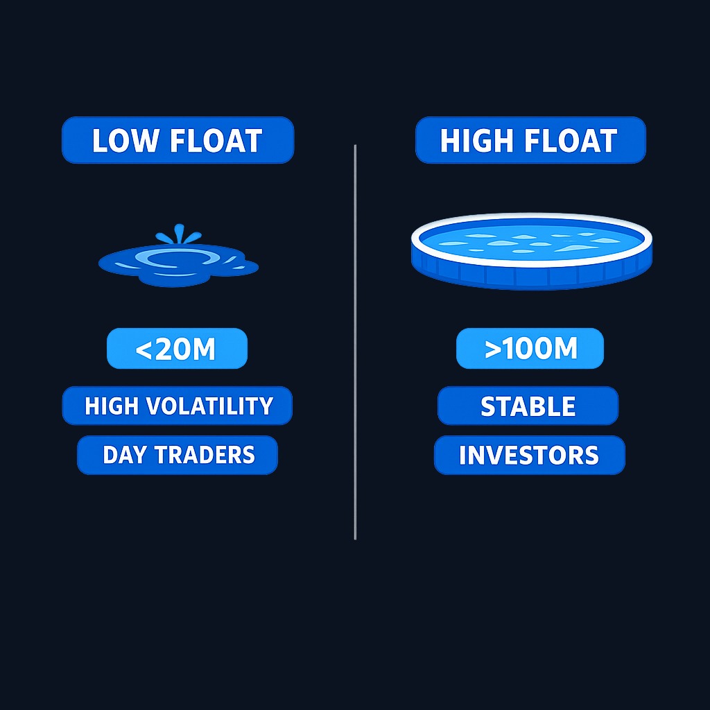Low-float stocks amplify volatility and suit short-term traders; high-float stocks absorb volume smoothly and suit long-term investors. Same scarcity that drives explosive gains also drives severe drops.