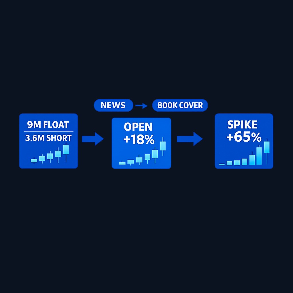 Meridian Biotech squeeze mechanics: 9M float, 3.6M shorted (40%). Positive news triggers covering; 800k shares bought in one hour equals 9% of entire float hitting the market as demand, fueling the spike from +18% to +65%.