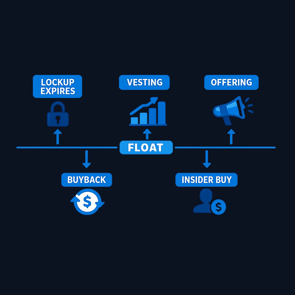 Float is dynamic. Lockup expirations, insider sales, vesting, and secondaries increase supply; buybacks and insider accumulation decrease it. Always check the date of any float figure.