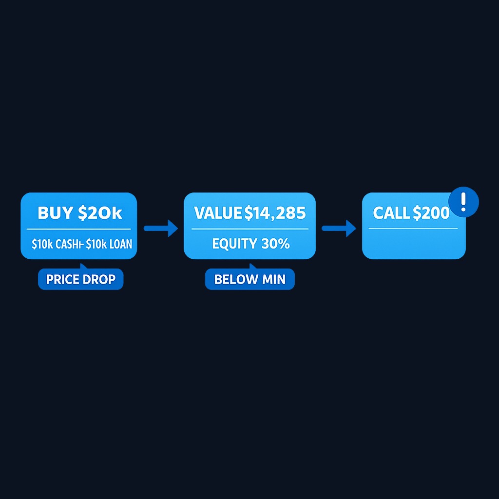 Example: You buy $20,000 of stock with $10,000 cash and $10,000 borrowed. If the stock falls to $14,285 and your broker requires 30% equity, you drop below the maintenance level and receive a margin call for approximately $200 to restore the required cushion.