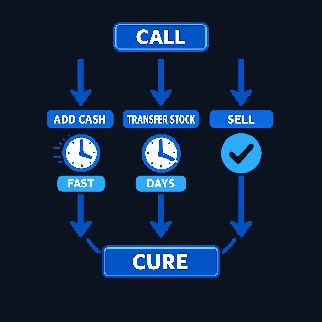 You have three ways to meet a margin call: deposit cash (fastest), transfer securities (check settlement time), or sell positions yourself (better than letting the broker choose). Speed matters—some methods take days to settle and may miss the deadline.