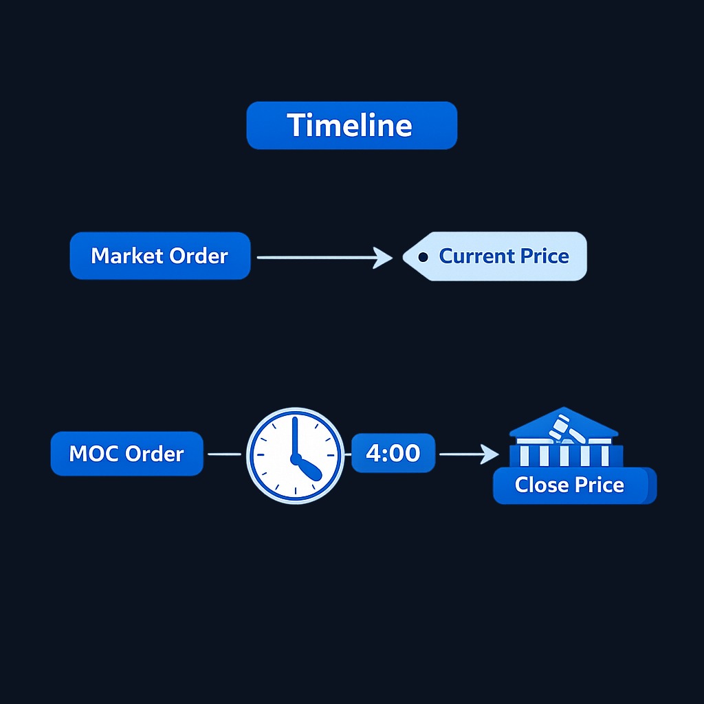 A market on close (MOC) order waits until the 4:00 p.m. ET closing auction instead of executing immediately. Your broker submits it to the