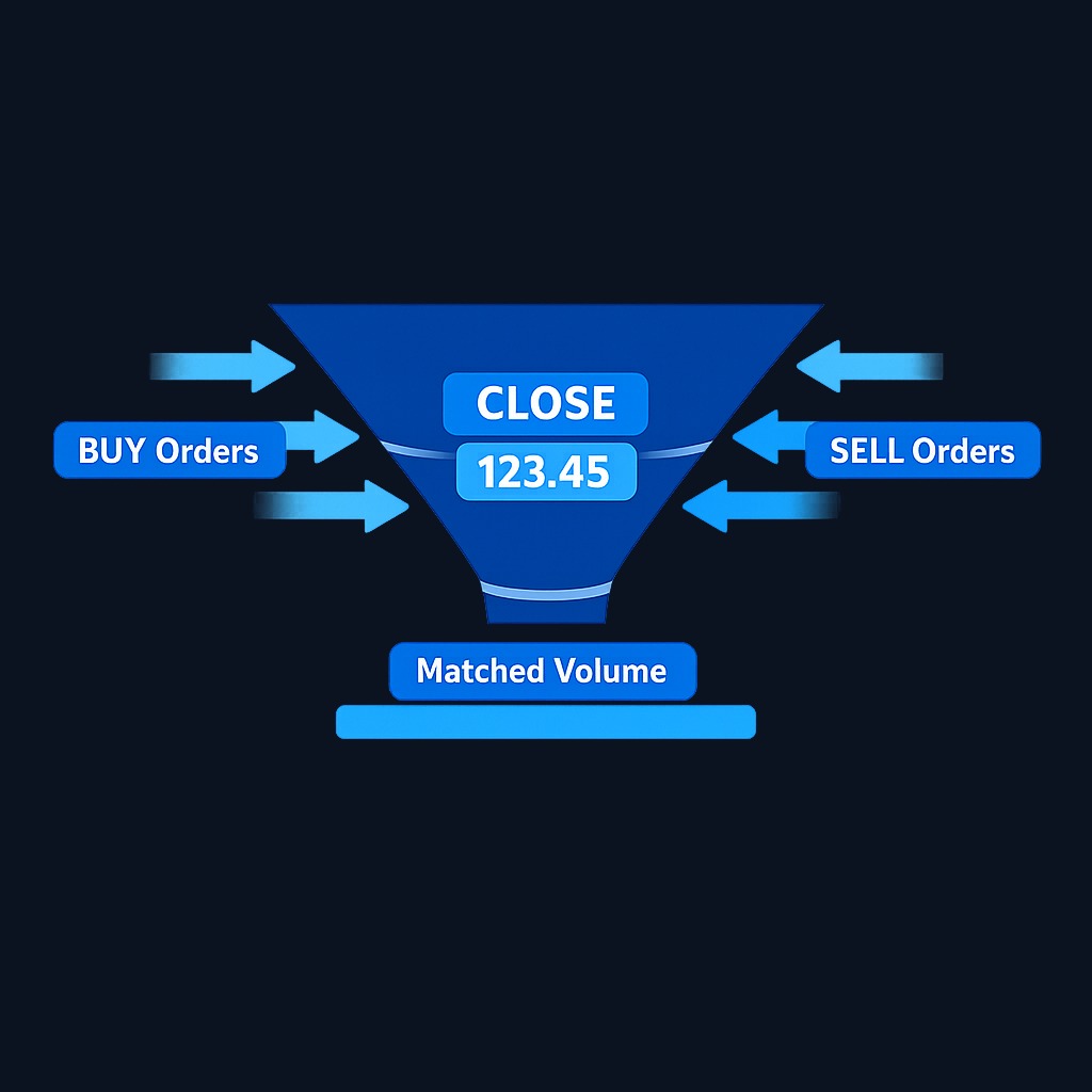 The closing auction collects all on-close orders (MOC, LOC, and eligible market orders) and matches them at a single price that maximizes the number of shares traded. This price becomes the official closing price used for index funds, mutual fund NAVs, and performance
