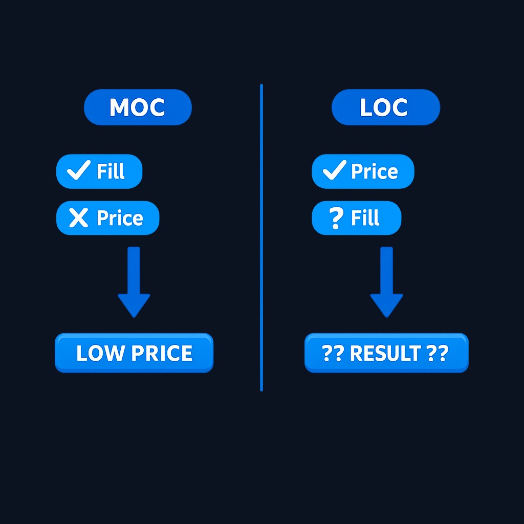 MOC (market on close) guarantees execution at whatever the closing price is—you sacrifice price control for certainty. LOC (limit on close)