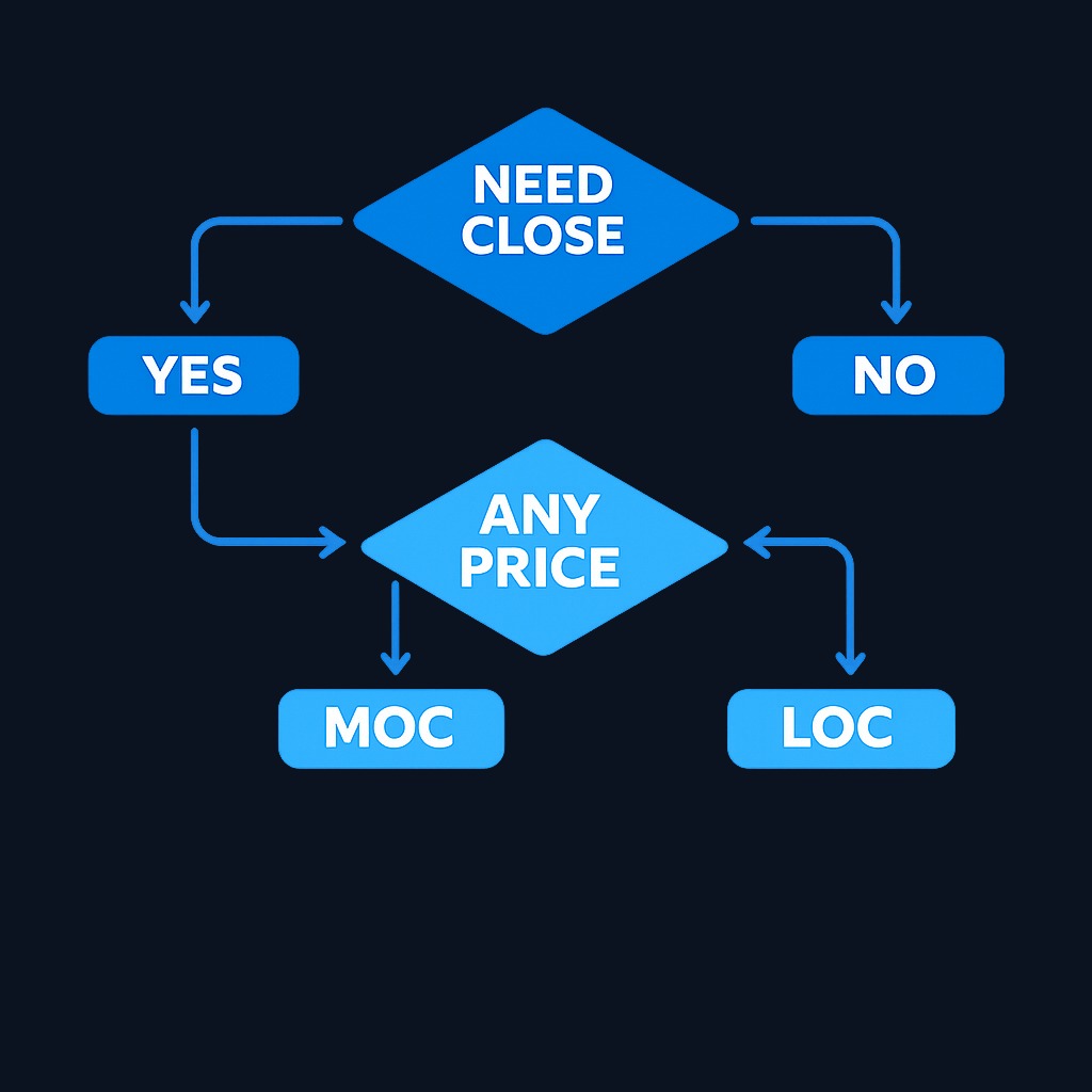 Use this decision path: (1) Do you need the exact closing price for benchmark matching or event timing? If no, use a regular order during the
