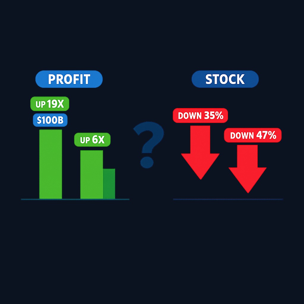 The memory chip paradox: Samsung and SK Hynix posted roughly $100 billion in combined quarterly profit while their stock prices crashed 35-47%. The green bars represent record-breaking earnings growth, while the red downward trend line shows simultaneous stock price collapse—demonstrating that prices track future expectations, not current results.