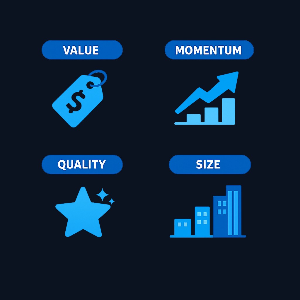 Common investment factors used to explain security performance. Momentum focuses on recent price strength, while other factors like value
