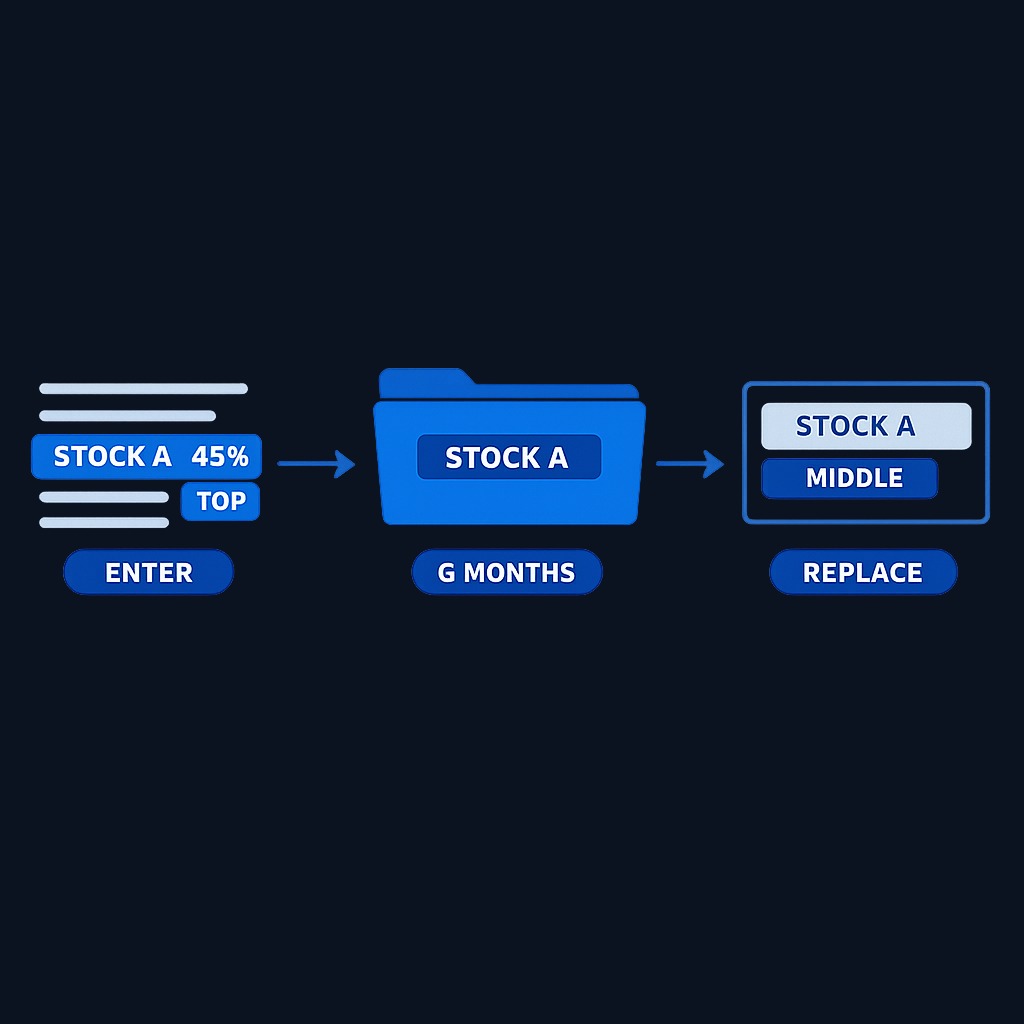 A momentum strategy ranks 500 stocks by 12-month trailing return. Stock A with 45% return enters the portfolio at rebalance. Six months