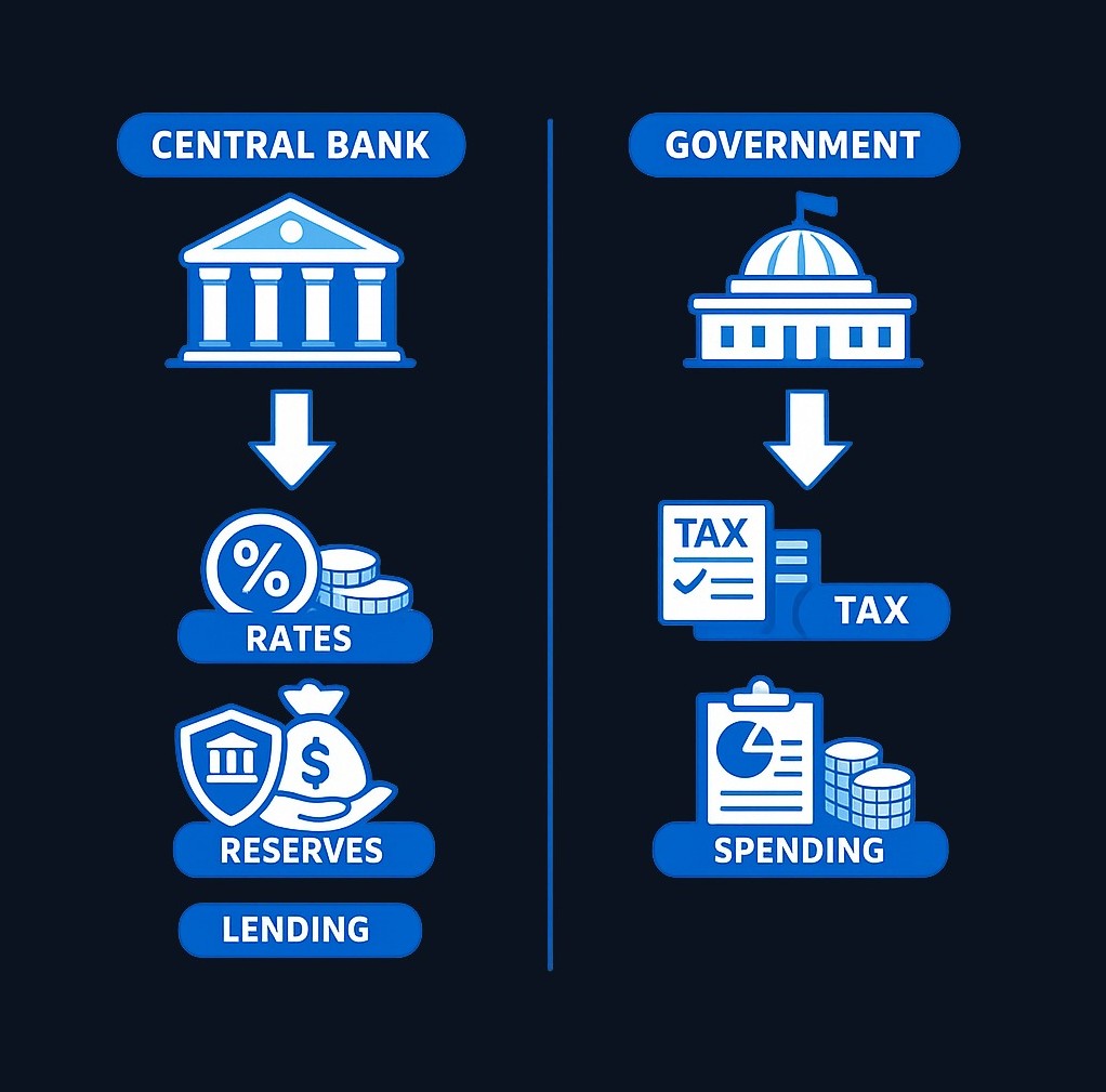 Monetary policy is controlled by the central bank and works through financial tools; fiscal policy is controlled by the government and works through taxes and spending. Different institutions, different mechanisms.
