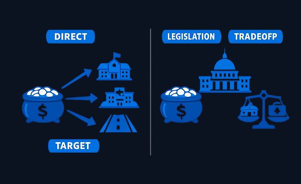 Fiscal policy can directly fund specific programs or change specific tax burdens, but requires legislative approval and creates opportunity costs—money spent on one priority cannot simultaneously fund another without additional revenue or borrowing.