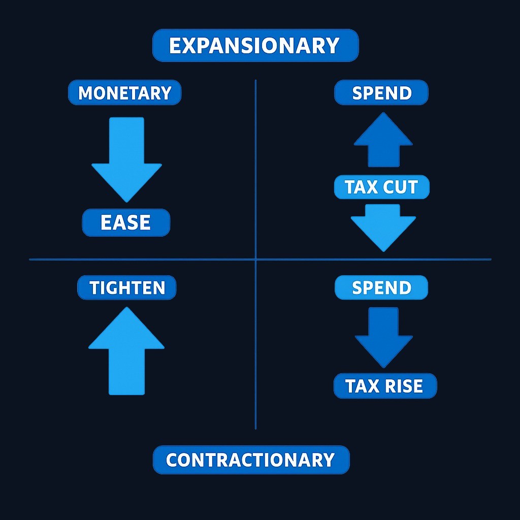 Both monetary and fiscal policy can be expansionary (supporting activity) or contractionary (restraining demand). The direction is chosen