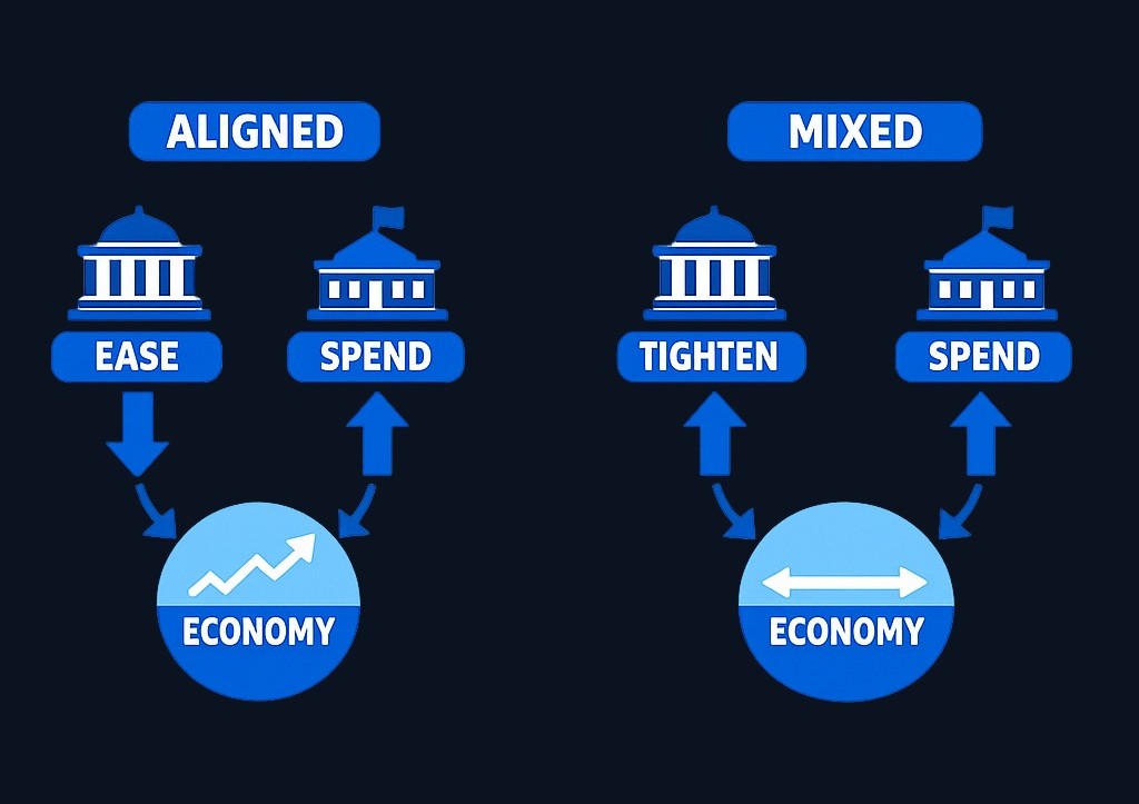 In a downturn, a central bank might ease financial conditions while the government increases spending—both pushing toward expansion through different channels. Alternatively, fiscal policy might support demand while monetary policy restrains it, creating a mixed policy