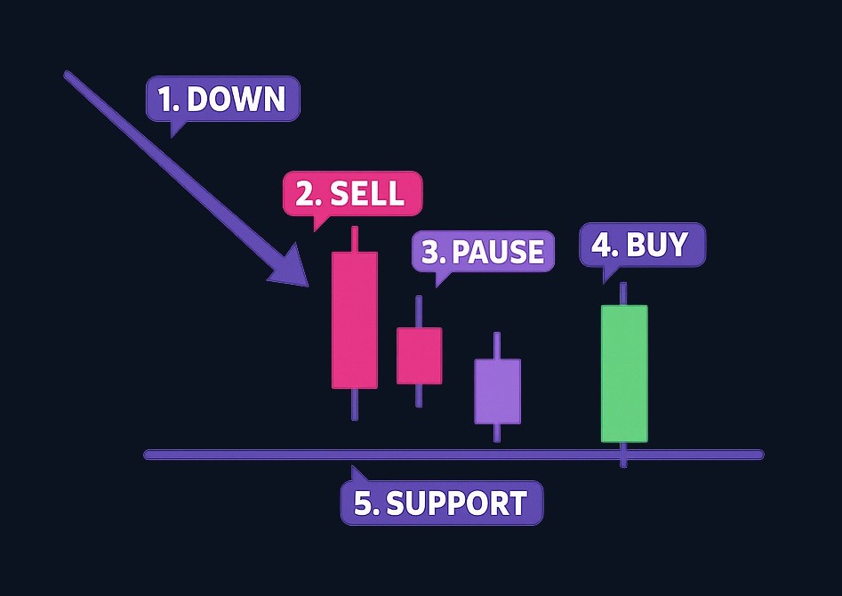 A complete morning star pattern requires five key elements: a preceding downtrend, a strong bearish first candle showing selling pressure, a small indecisive second candle indicating hesitation, a bullish third candle demonstrating buyer recovery, and formation at a logical support area where reversal makes structural sense.