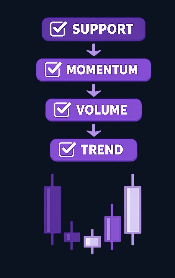 A practical confirmation framework layers multiple factors: the morning star appears at support, momentum indicators show bullish divergence or rising strength, volume increases on the third candle confirming buyer interest, and price remains above key moving averages.