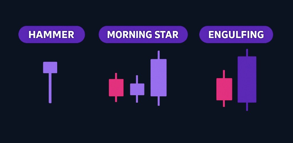 The morning star differs from single-candle patterns like the hammer by showing three distinct phases rather than one moment of reversal. Compared to the bullish engulfing pattern, which shows immediate strong buying overtaking selling, the morning star includes a