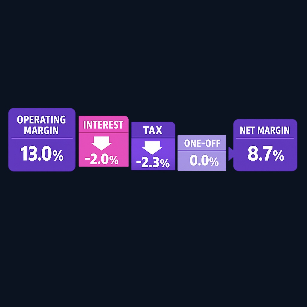 The net margin bridge: each step adjusts operating margin for interest, taxes, and non-operating items to arrive at the final net margin. Percentage points show the size of each impact.