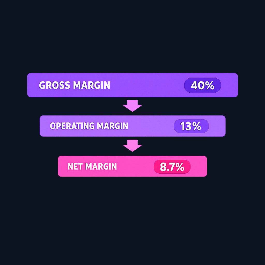 The three-margin waterfall: gross margin measures production efficiency, operating margin adds overhead, and net margin includes all financing and tax costs. Comparing them pinpoints where profitability is won or lost.