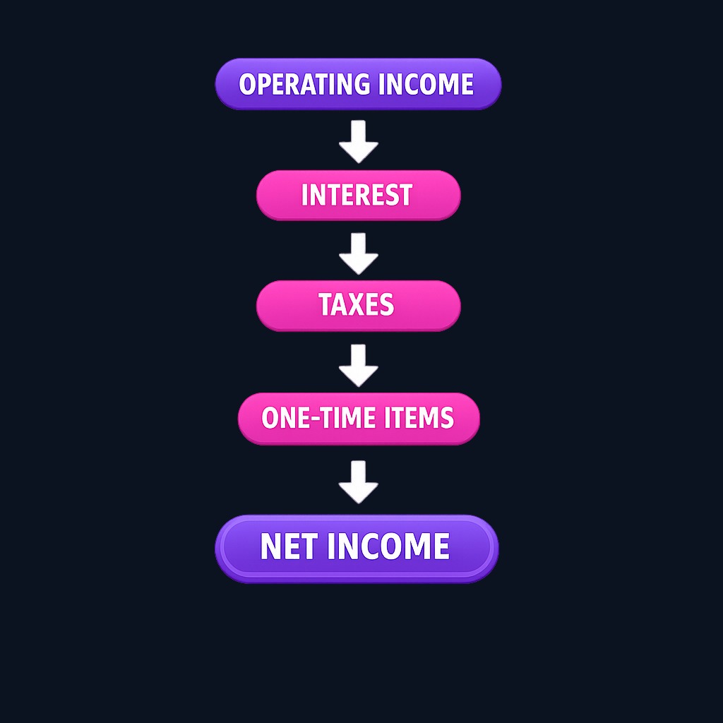 Net income is the bottom line—what remains for shareholders after every expense, including interest, taxes, and non-operating events. It determines earnings per share but can be influenced by one-time items.