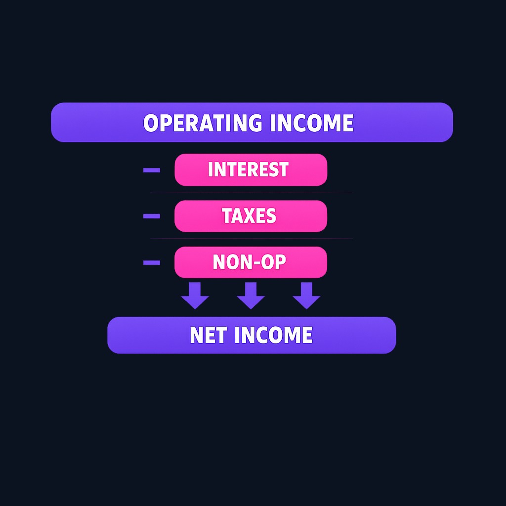 Three distinct layers separate operating income from net income: financing costs reflect capital structure choices, taxes depend on jurisdiction and credits, and non-operating items capture events outside core business. The size of this gap reveals important information about a company's financial structure.