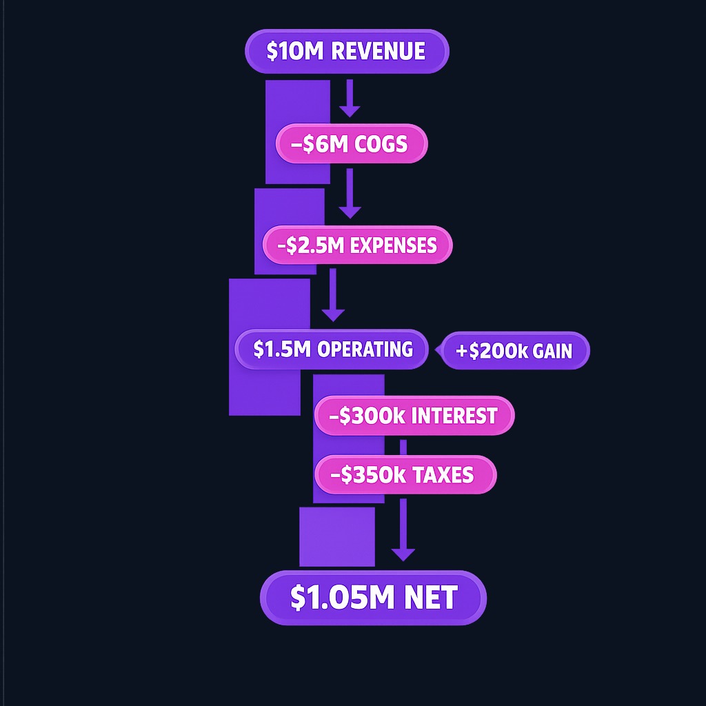 In this retailer example, operating income of $1.5M (15% margin) reflects core business performance. The property sale adds $200k, but interest and taxes reduce the bottom line to $1.05M net income—30% less than operating profit, showing the impact of financing costs and one-time events.