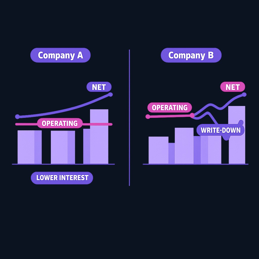 Two contrasting scenarios: Company A shows rising net income masking flat operating performance (growth from financing changes, not business improvement). Company B posts a net loss from a one-time charge while operating income grows 12%—a fundamentally strengthening business beneath headline noise.
