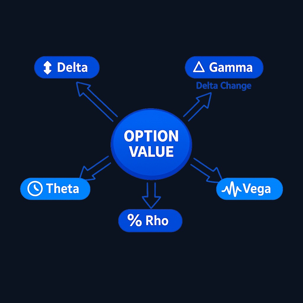 The five option Greeks each measure how one input factor affects an option's theoretical value while other factors remain constant.