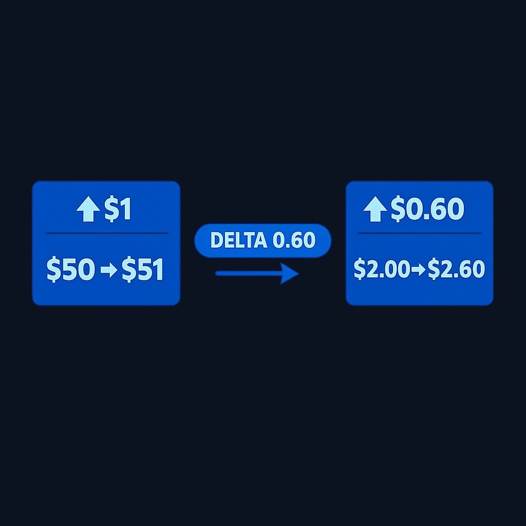 A call with delta 0.60 is expected to gain approximately $0.60 per share when the underlying stock rises by $1, holding other factors constant.