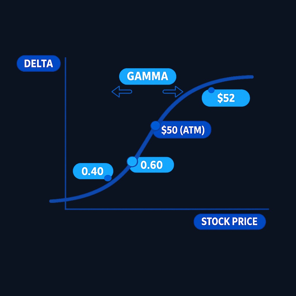 Gamma measures how much delta changes per $1 move in the underlying. High gamma means delta can shift rapidly, especially near expiration.