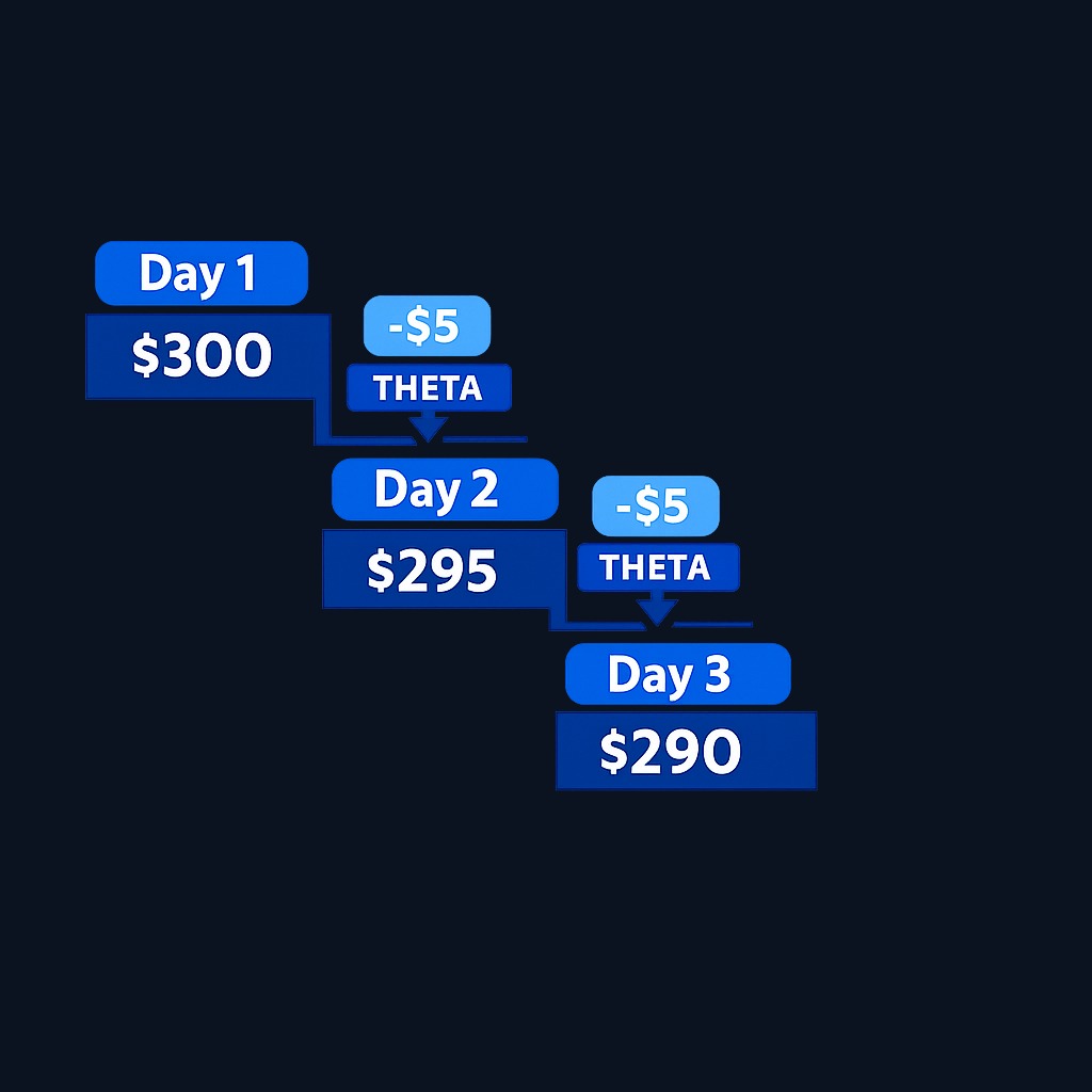 Theta represents time decay. An option with theta of -0.05 loses approximately $5 in value per day (per 100-share contract), all else equal.