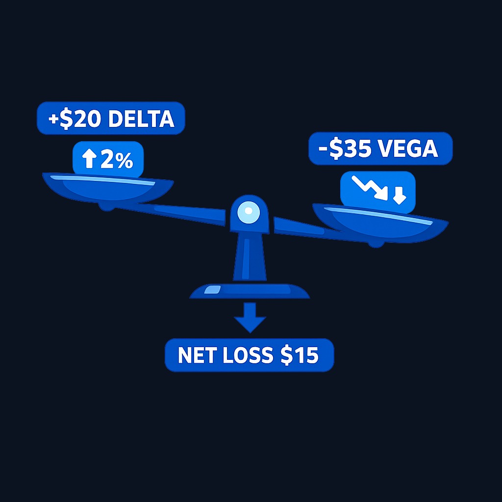 In an earnings trade, a stock rising 2% (positive delta effect) can still result in a net loss when implied volatility collapses sharply (negative vega effect) after the announcement.