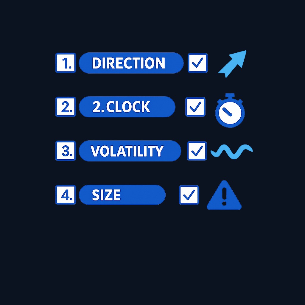 Before entering any option trade, run four systematic checks: direction (delta), time (theta), volatility (vega), and position sizing (gamma).