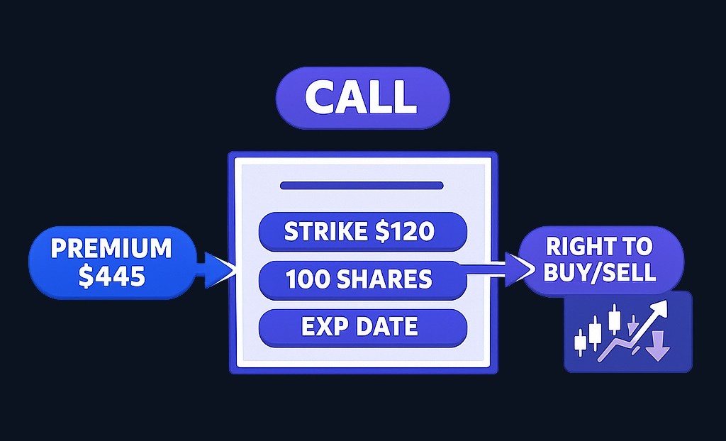 An option contract structure: one call or put controls 100 shares, with a premium paid for the right (not obligation) to buy or sell at the strike price before expiration.