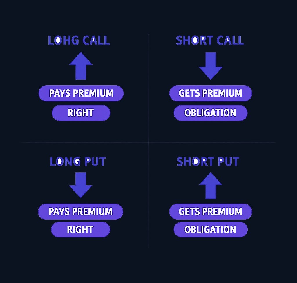 The four fundamental option positions: buyers (long) pay premium for a right with defined risk; sellers (short) collect premium but take on obligations with potentially large risk.