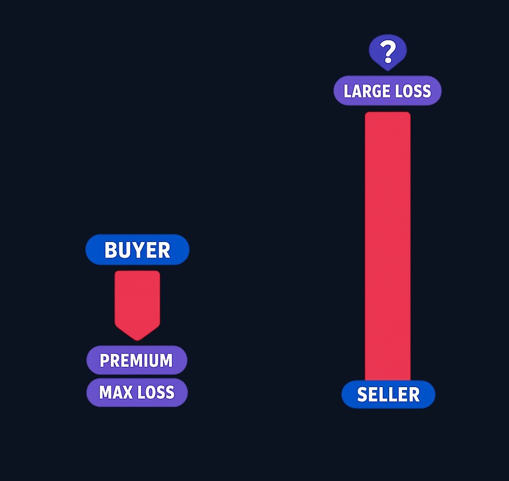 Risk asymmetry in options: the buyer's maximum loss is limited to the premium paid, while the seller's potential loss can be far larger, especially with uncovered positions.
