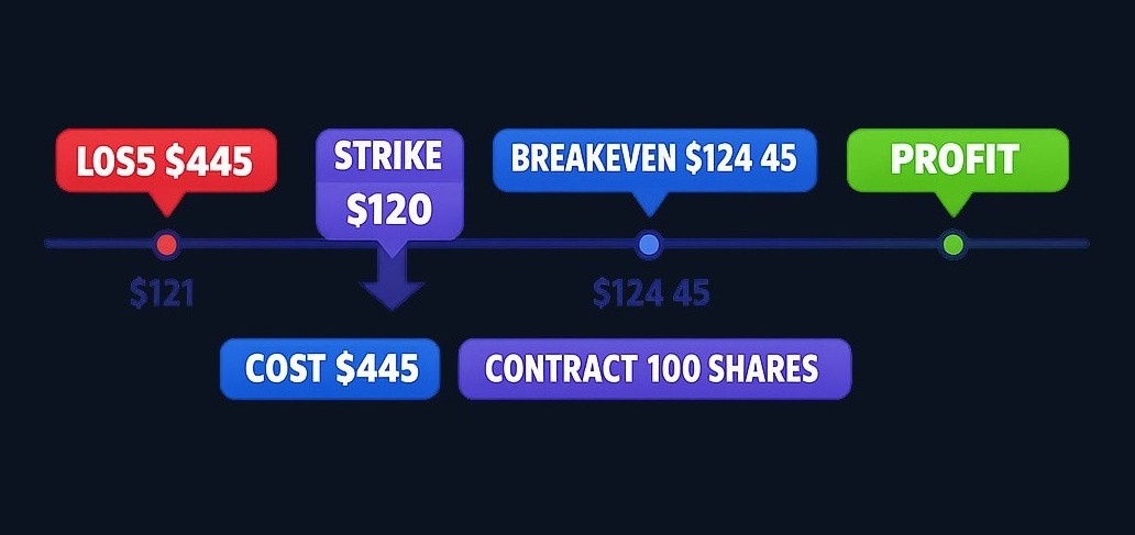 Example breakdown: buying one call contract at $4.45 premium costs $445 total (100 shares). Breakeven at expiration is strike plus