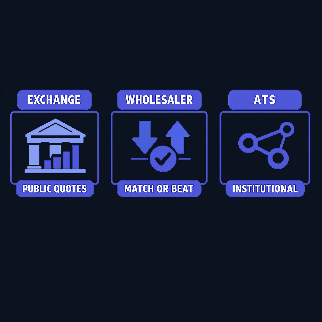 Retail orders typically route to one of three destination types: public exchanges where quotes are displayed to everyone, wholesalers (off- exchange market makers) that promise to match or beat the best quoted price, and alternative trading systems (ATSs) used mainly for institutional flow.