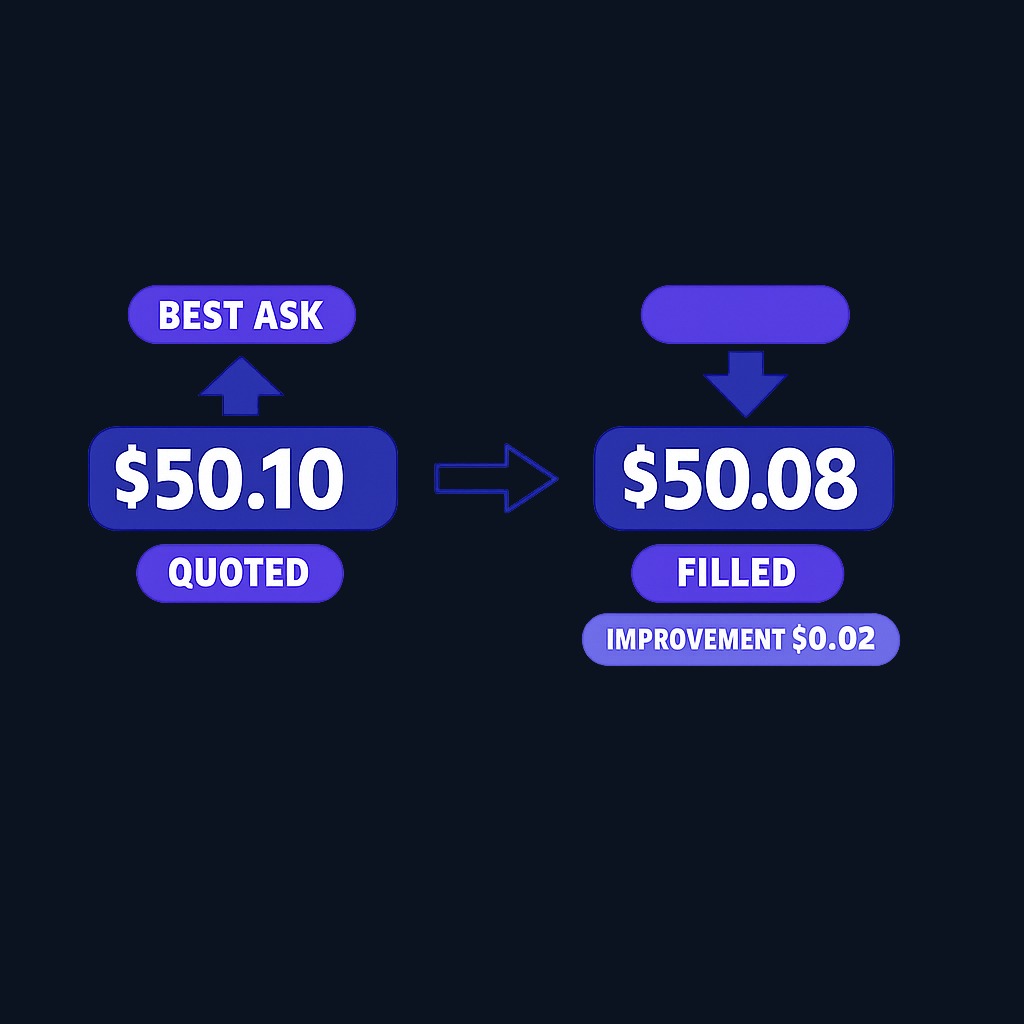 Price improvement means your order executes at a better price than the best publicly quoted price at the time. For example, if the best ask is