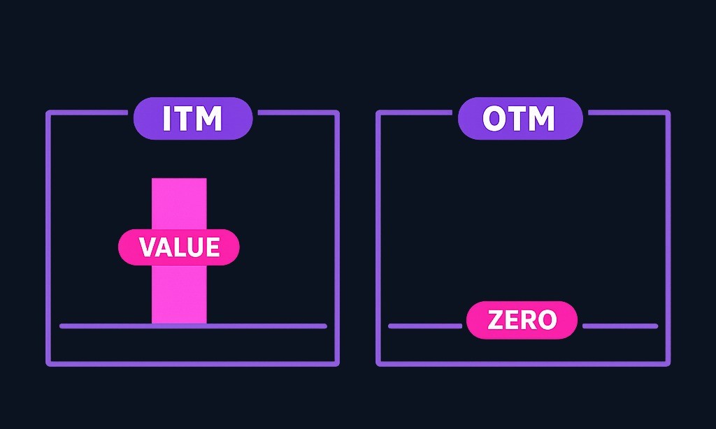 At expiration, an in-the-money option has intrinsic value; an out-of-the-money option has zero intrinsic value and expires worthless.