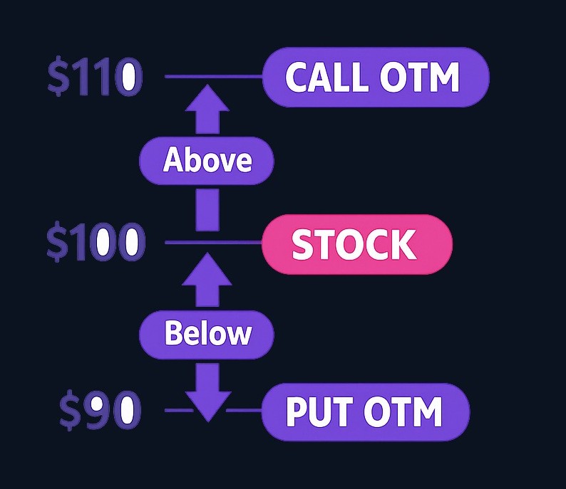 When the stock is at $100, the $110 call is OTM (strike above market) while the $90 put is also OTM (strike below market). Both are out