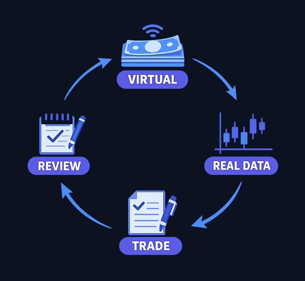 Paper trading creates a closed practice loop: you make simulated decisions using virtual funds against real market conditions, with no actual money at risk. The loop allows you to rehearse, observe outcomes, and refine your process.