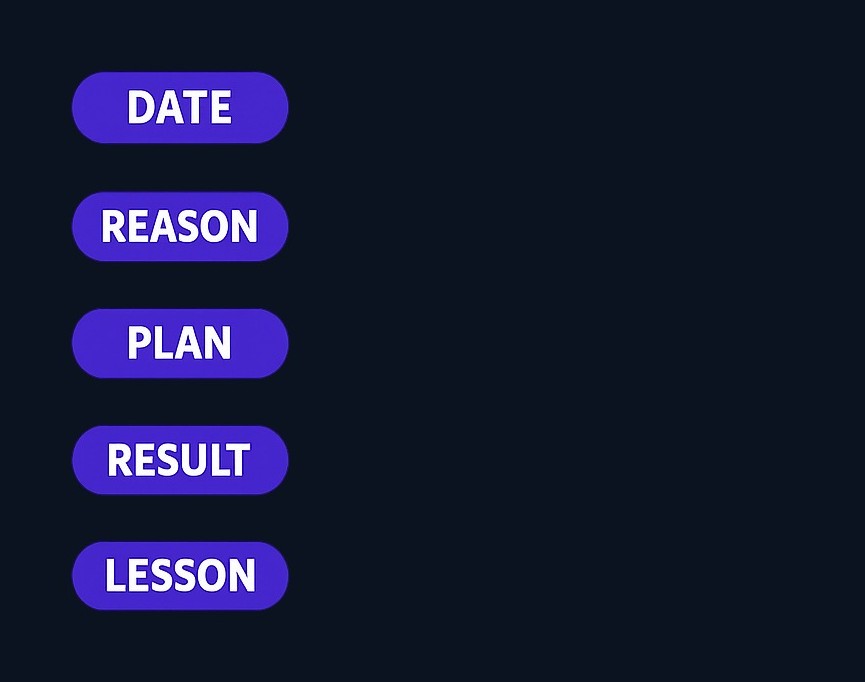 A simple trade journal captures five essential elements: the date and market you traded, your reasoning before entry, your planned exits (both win and loss), what actually happened, and one mistake or lesson. This structure turns each simulated trade into a reviewable case