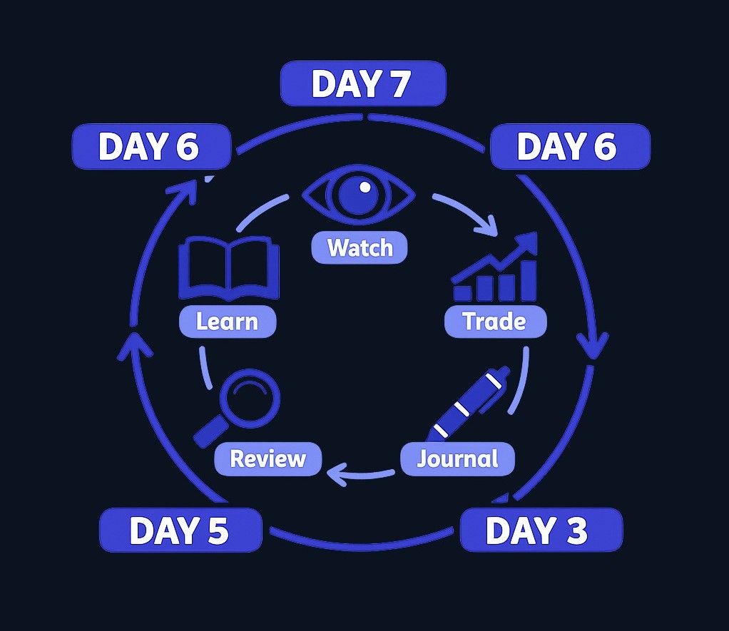 The 7-day routine is a repeatable habit loop: learn a skill, watch your markets, simulate trades under your rules, journal each decision, and review your patterns at the end of the week. It's not a countdown to real money—it's a cycle you can repeat as many times as