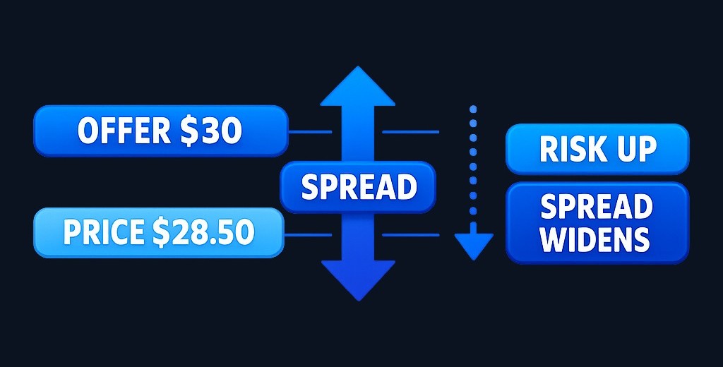 The merger arbitrage spread: the difference between the target's current market price and the agreed cash offer. The gap reflects time