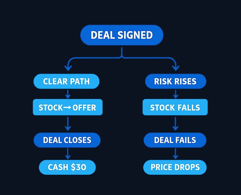 How the spread reacts: when the deal looks likely to close, the stock drifts toward the offer. When a court pauses the deal or risk rises,