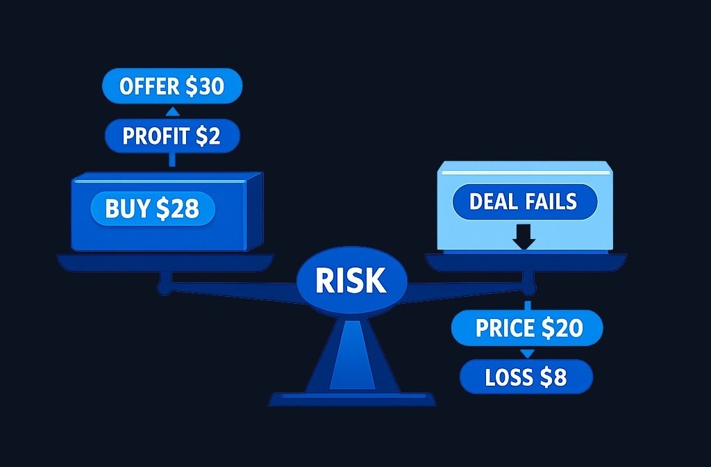 Risk arbitrage bets on a deal closing; if the deal collapses, the stock can fall sharply — a strategy generally used by professionals, not beginners.