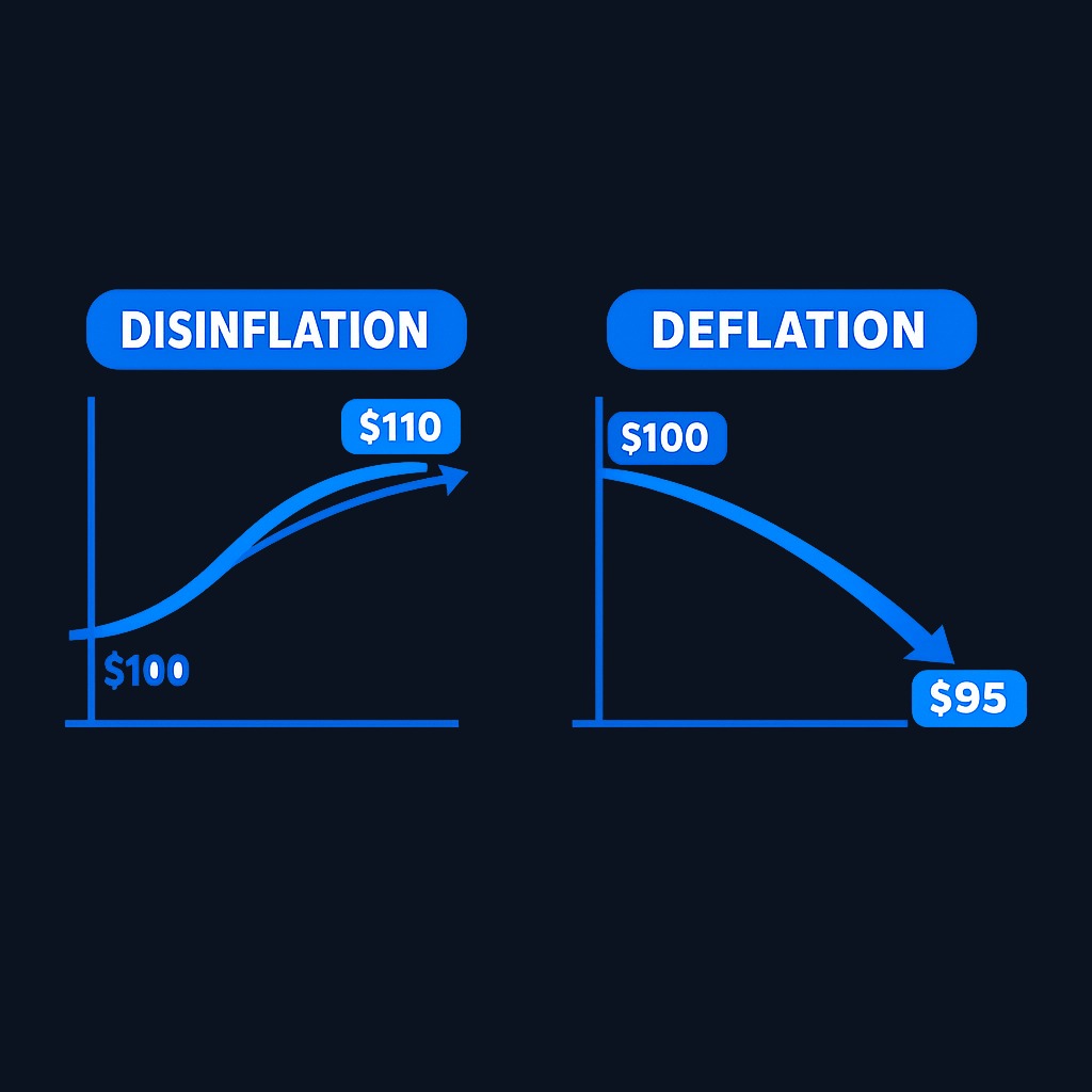 Disinflation means prices are still rising, just more slowly—the slope of the line gets gentler, but it still points up. Deflation, by contrast, would mean prices actually falling. A 3.7% inflation rate is disinflation compared to 4.1%, but your grocery bill still increases.