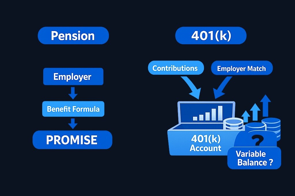 A pension promises a defined benefit calculated by the plan formula, while a 401(k) builds an individual account whose value depends on contributions and investment performance.