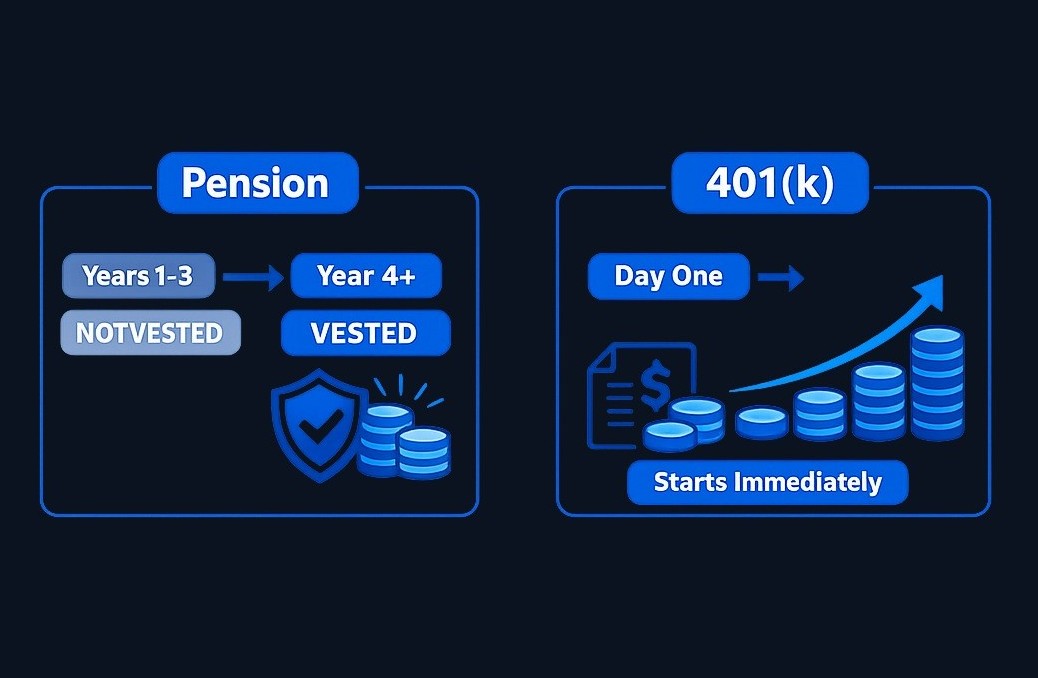 Elena compares two offers: one with a pension requiring several years to vest, another with immediate 401(k) participation. Her decision