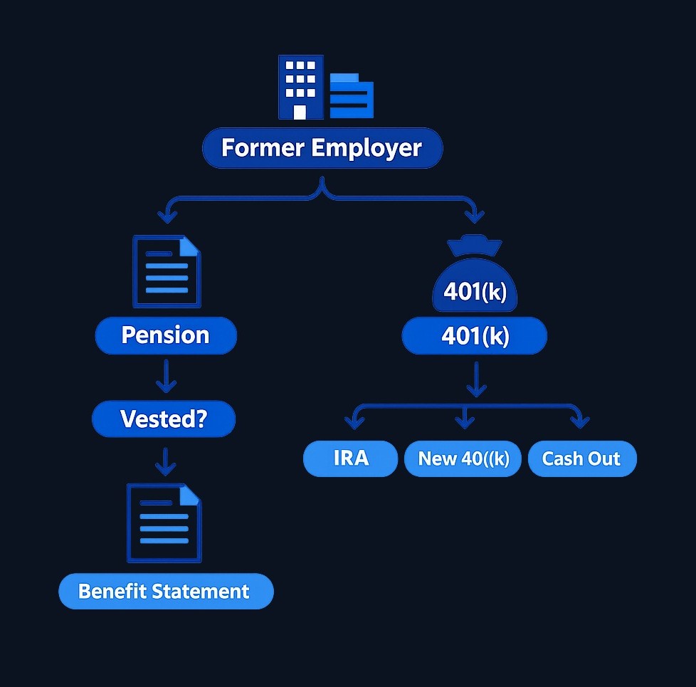 Priya treats her pension and 401(k) as separate decisions. She requests a pension benefit statement to confirm vesting, while separately