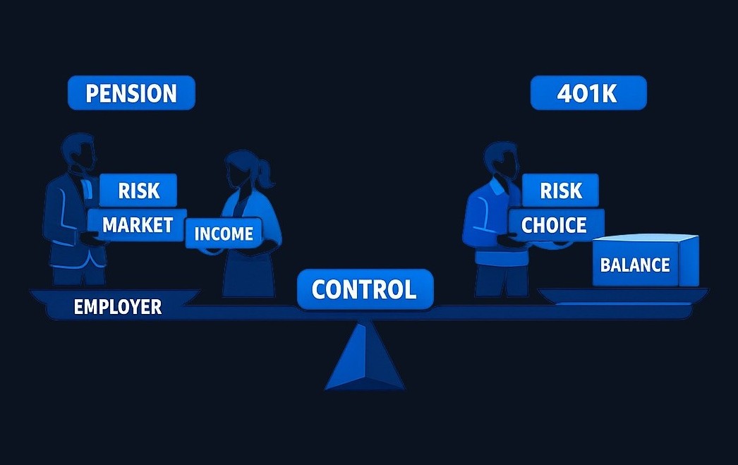 A pension shifts investment and longevity risk to the plan sponsor, offering predictability but limited portability. A 401(k) gives the